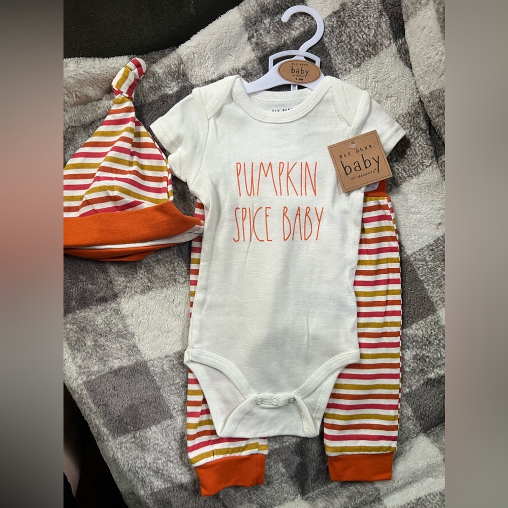 Rae Dunn pumpkin spice baby outfit